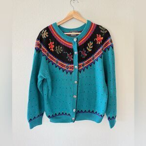 Woolrich 80s 90s Vintage Teal Patterned Knit Wool Blend Cardigan Sweater Size L